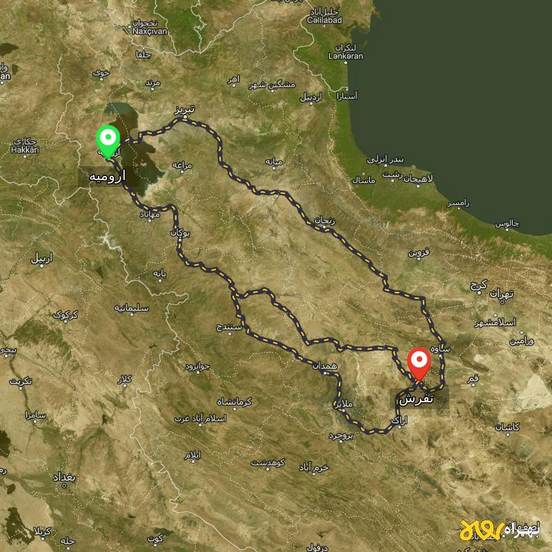 مسافت و فاصله تفرش - مرکزی تا ارومیه از ۳ مسیر - آذر ۱۴۰۳