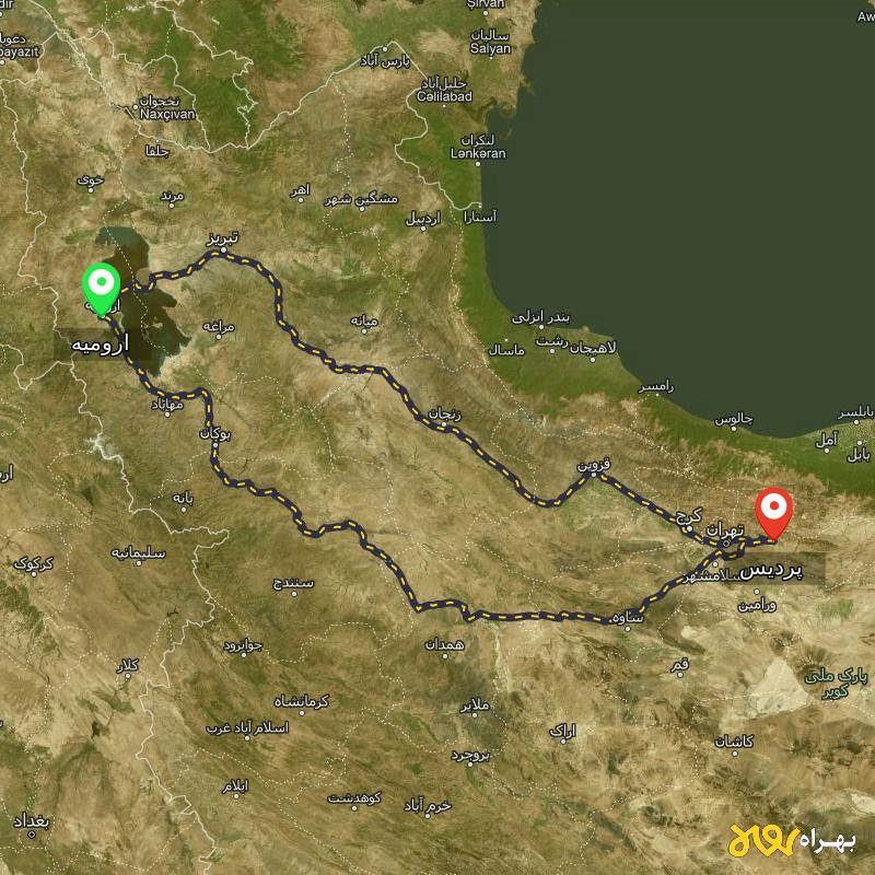 مسافت و فاصله پردیس - تهران تا ارومیه از ۲ مسیر - مهر ۱۴۰۳