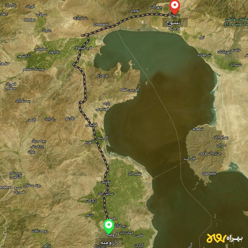 مسافت و فاصله تسوج - آذربایجان شرقی تا ارومیه - مسیریاب بهراه