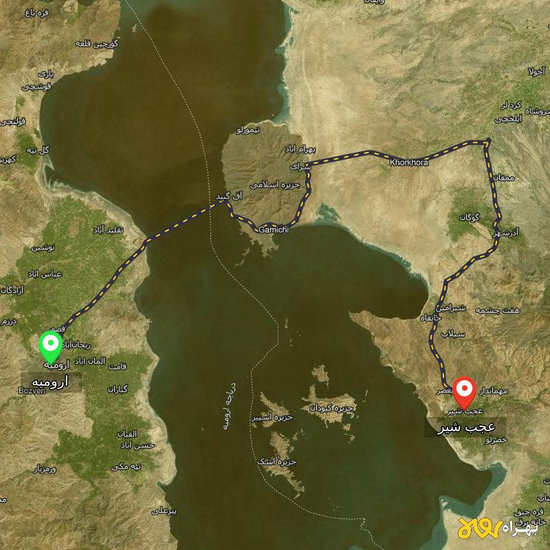 مسافت و فاصله عجب‌ شیر - آذربایجان شرقی تا ارومیه - مسیریاب بهراه