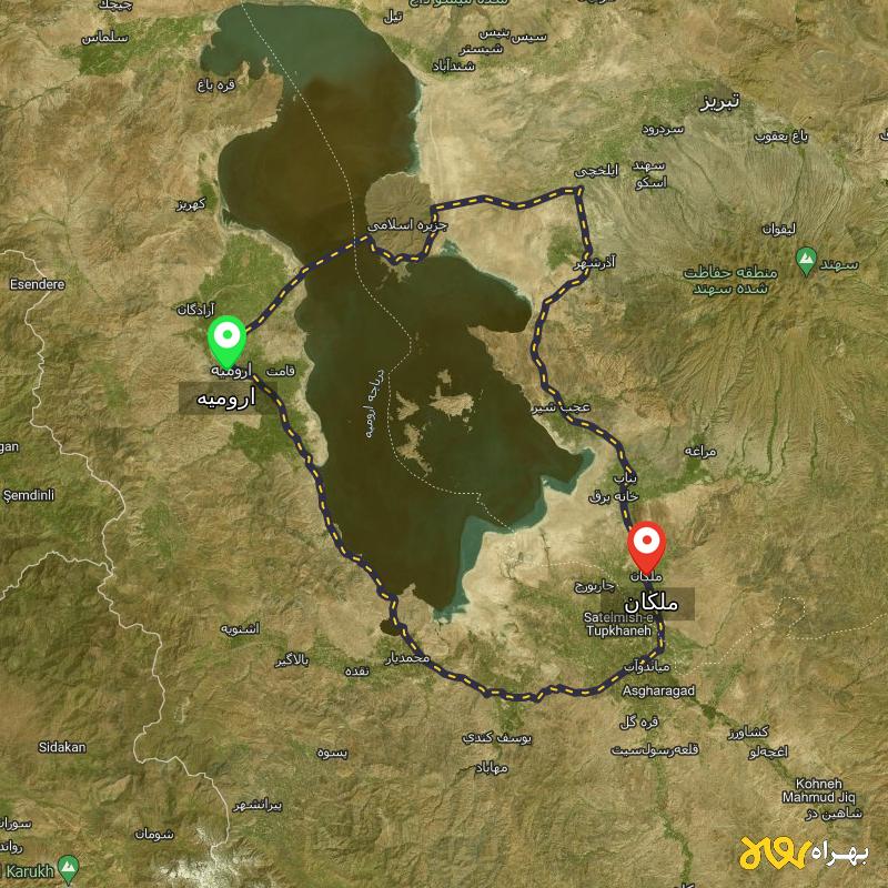 مسافت و فاصله ملکان - آذربایجان شرقی تا ارومیه از 2 مسیر - مسیریاب بهراه