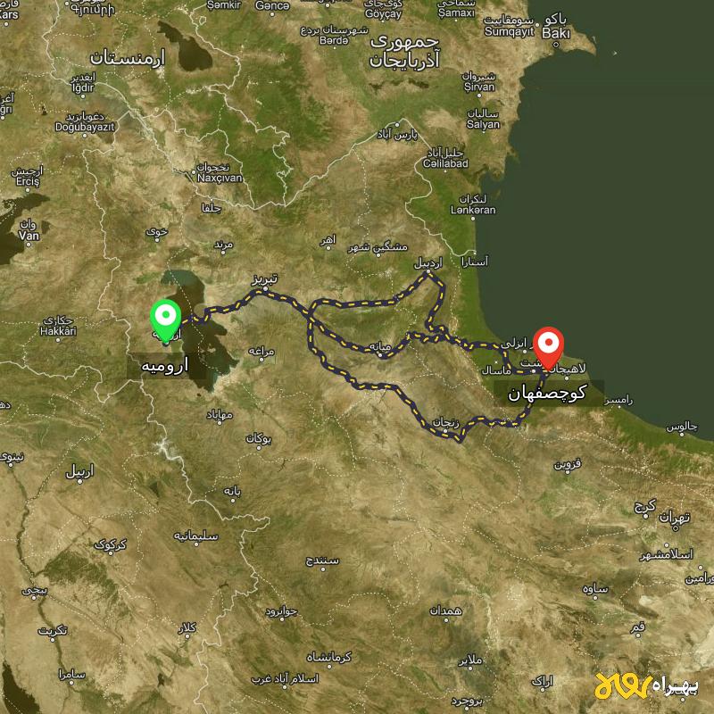 مسافت و فاصله کوچصفهان - گیلان تا ارومیه از ۳ مسیر - آبان ۱۴۰۳