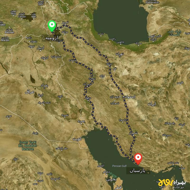 مسافت و فاصله پارسیان - هرمزگان تا ارومیه از ۲ مسیر - اردیبهشت ۱۴۰۳
