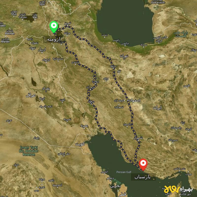 مسافت و فاصله پارسیان - هرمزگان تا ارومیه از ۲ مسیر - آبان ۱۴۰۳