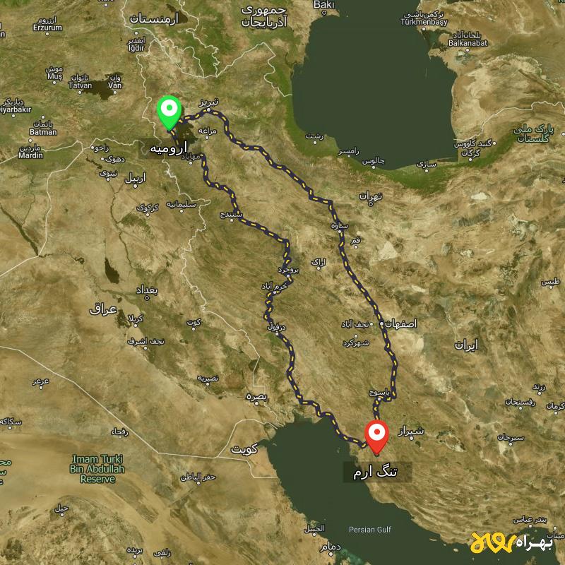 مسافت و فاصله تنگ ارم - بوشهر تا ارومیه از ۲ مسیر - آذر ۱۴۰۳