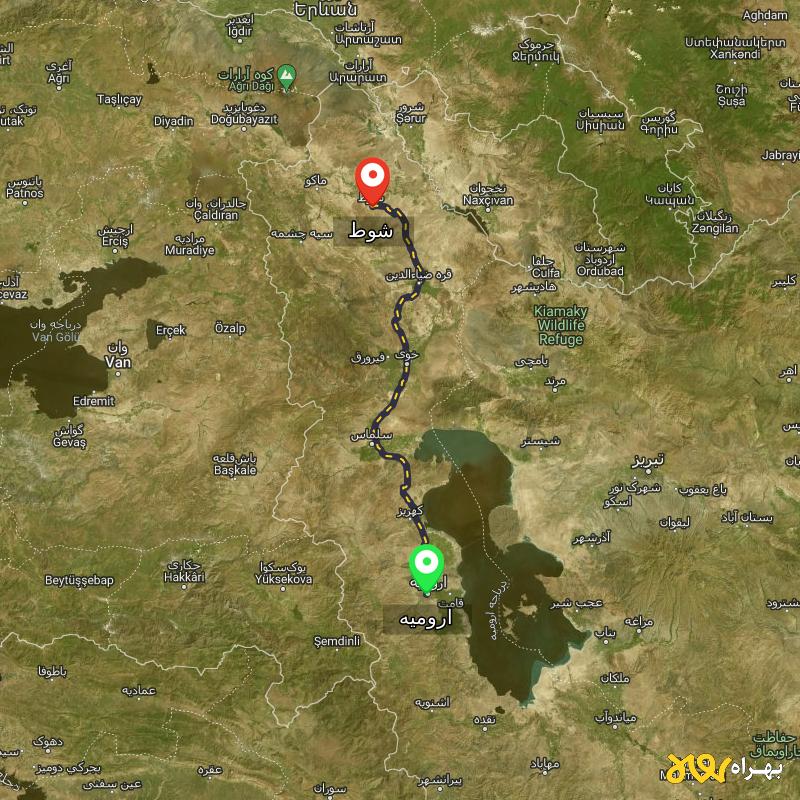 مسافت و فاصله شوط - آذربایجان غربی تا ارومیه - مسیریاب بهراه