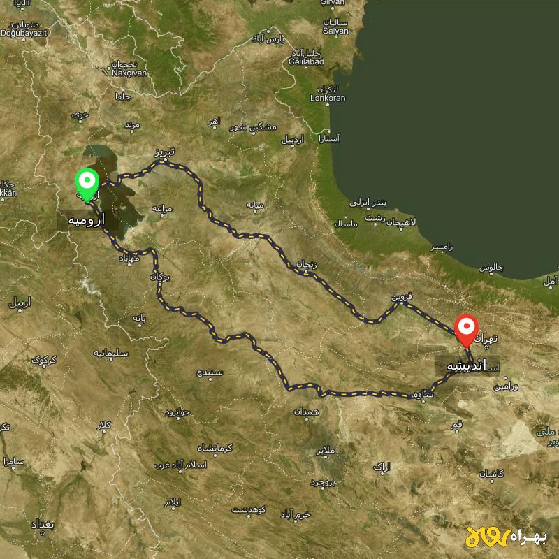 مسافت و فاصله اندیشه تا ارومیه از ۲ مسیر - بهمن ۱۴۰۳
