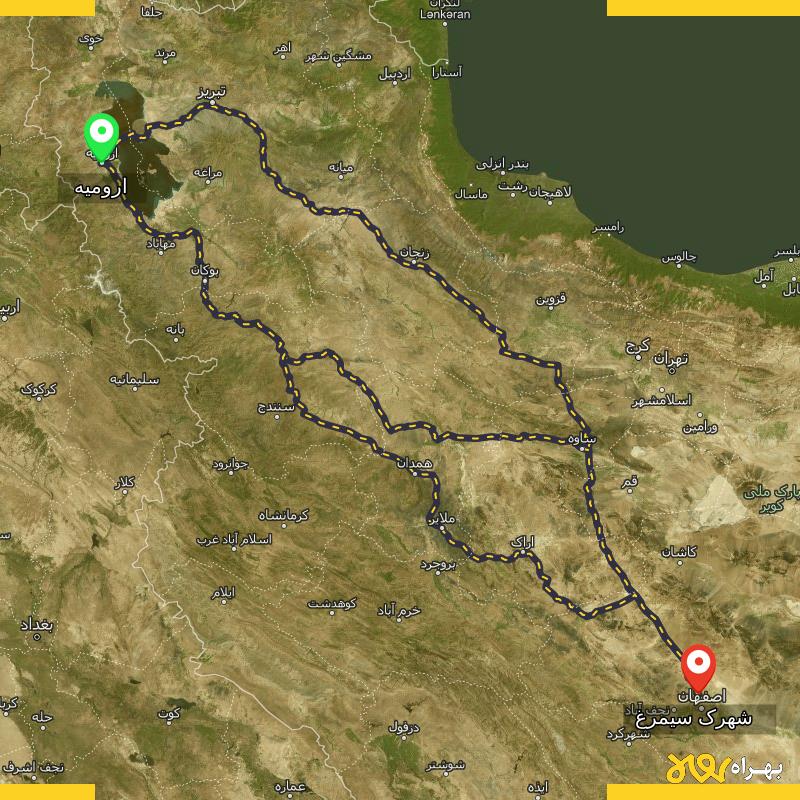 مسافت و فاصله شهرک سیمرغ - اصفهان تا ارومیه از ۳ مسیر - مرداد ۱۴۰۳