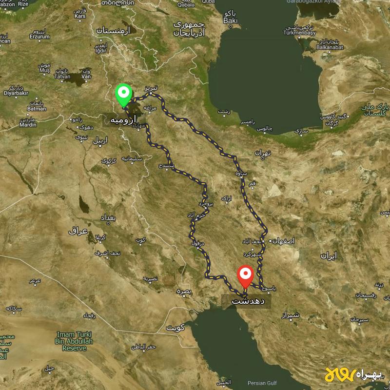 مسافت و فاصله دهدشت - کهگیلویه و بویر احمد تا ارومیه از ۲ مسیر - مرداد ۱۴۰۳