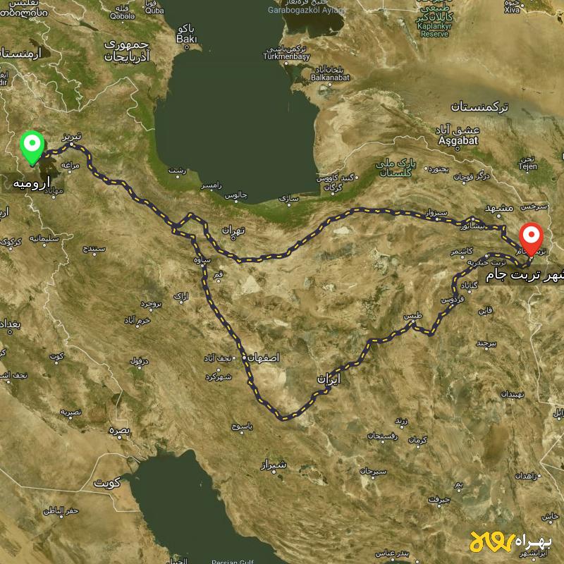 مسافت و فاصله شهر تربت جام تا ارومیه از ۲ مسیر - اردیبهشت ۱۴۰۳