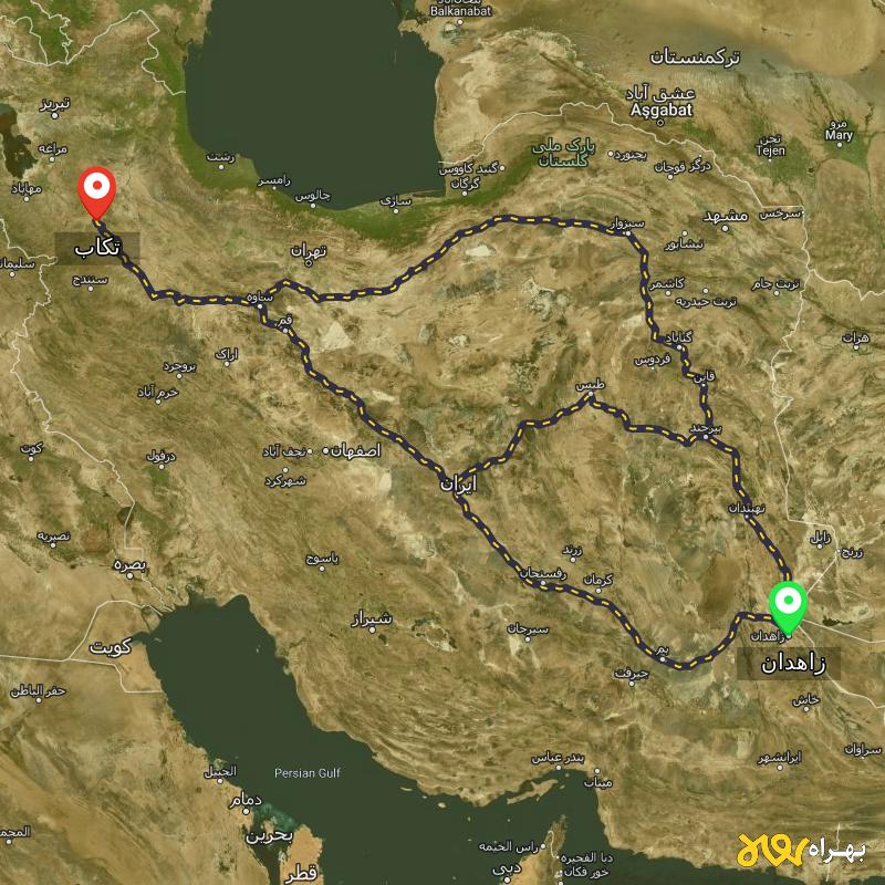 مسافت و فاصله تکاب - آذربایجان غربی تا زاهدان از ۳ مسیر - تیر ۱۴۰۴