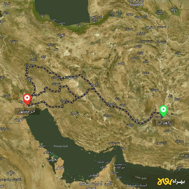 مسافت و فاصله خرمشهر - خوزستان تا زاهدان از ۳ مسیر - آبان ۱۴۰۳