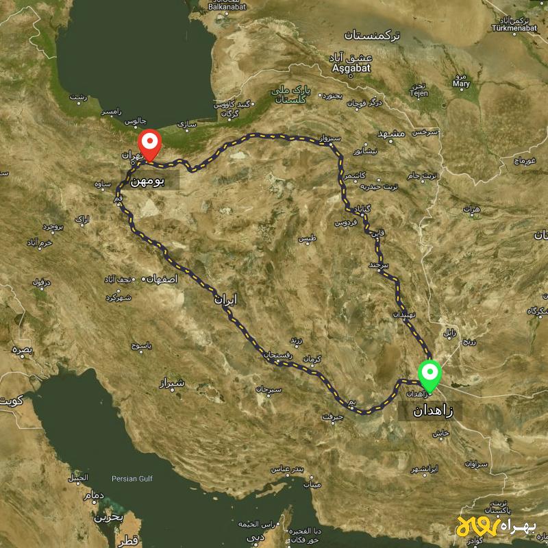 مسافت و فاصله بومهن - تهران تا زاهدان از ۲ مسیر - آبان ۱۴۰۳