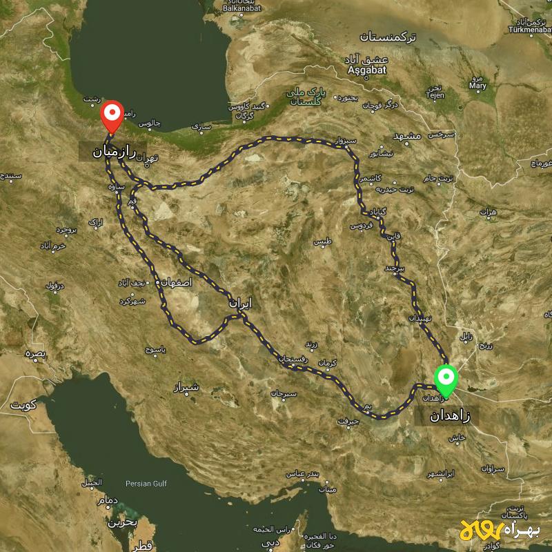 مسافت و فاصله رازمیان - قزوین تا زاهدان از ۳ مسیر - آذر ۱۴۰۳