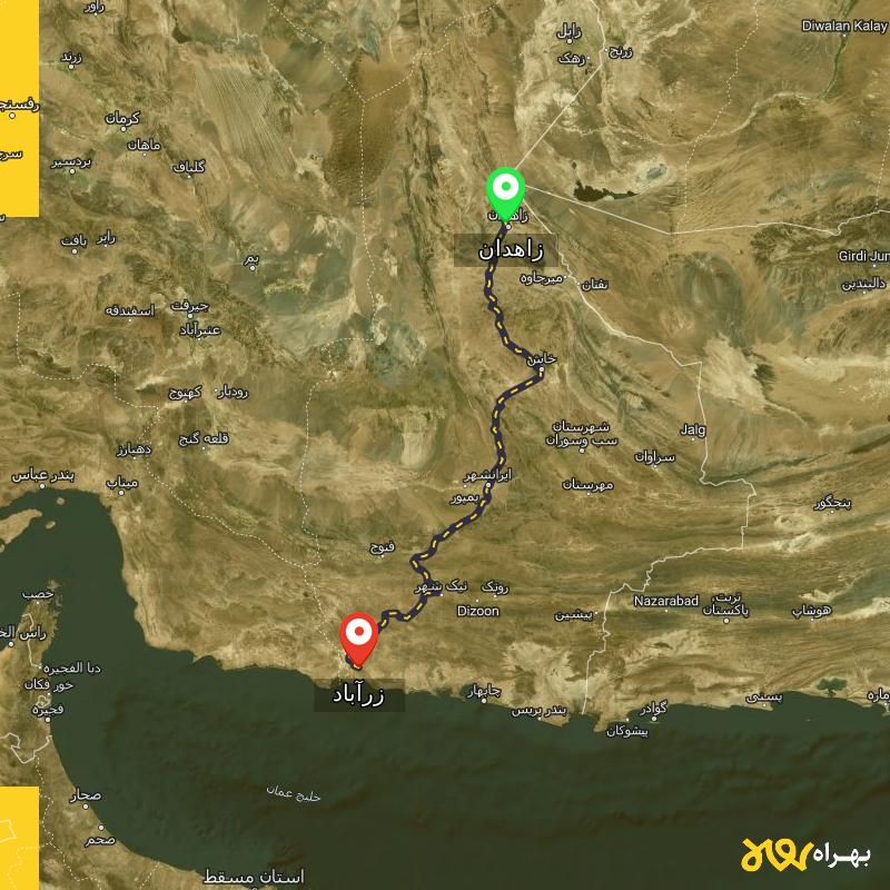 مسافت و فاصله زرآباد - سیستان و بلوچستان تا زاهدان - مسیریاب بهراه