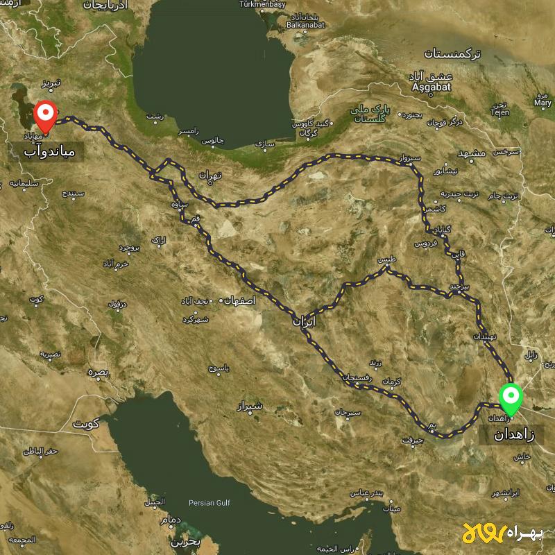 مسافت و فاصله میاندوآب - آذربایجان غربی تا زاهدان از 3 مسیر - مسیریاب بهراه