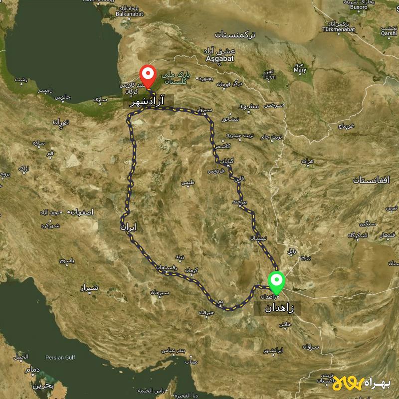 مسافت و فاصله آزادشهر - گلستان تا زاهدان از ۲ مسیر - دی ۱۴۰۳