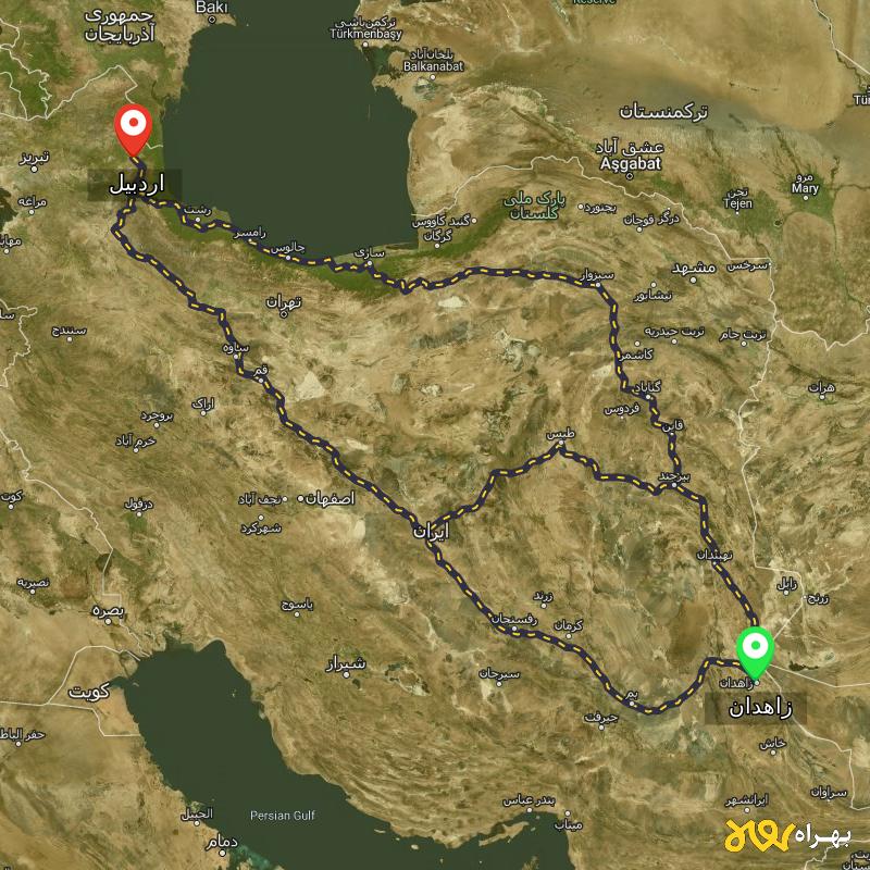 مسافت و فاصله اردبیل تا زاهدان از ۳ مسیر - مرداد ۱۴۰۳