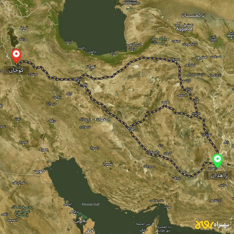 مسافت و فاصله کوخان - کردستان تا زاهدان از ۳ مسیر - مرداد ۱۴۰۳