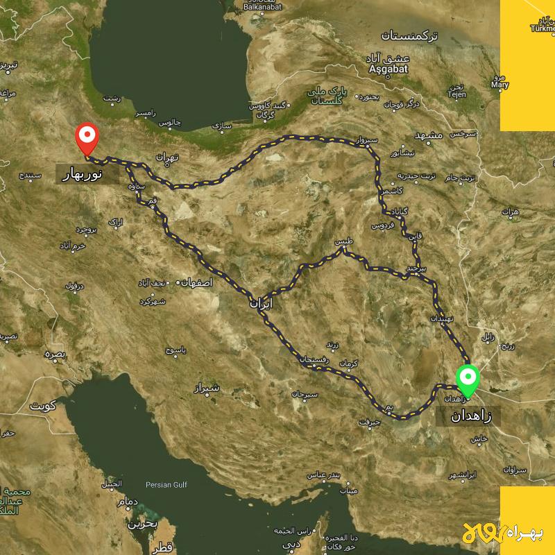 مسافت و فاصله نوربهار - زنجان تا زاهدان از ۳ مسیر - آبان ۱۴۰۳