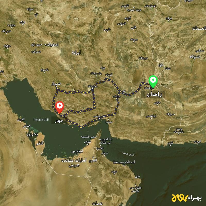 مسافت و فاصله مهر - فارس تا زاهدان از ۳ مسیر - اردیبهشت ۱۴۰۳