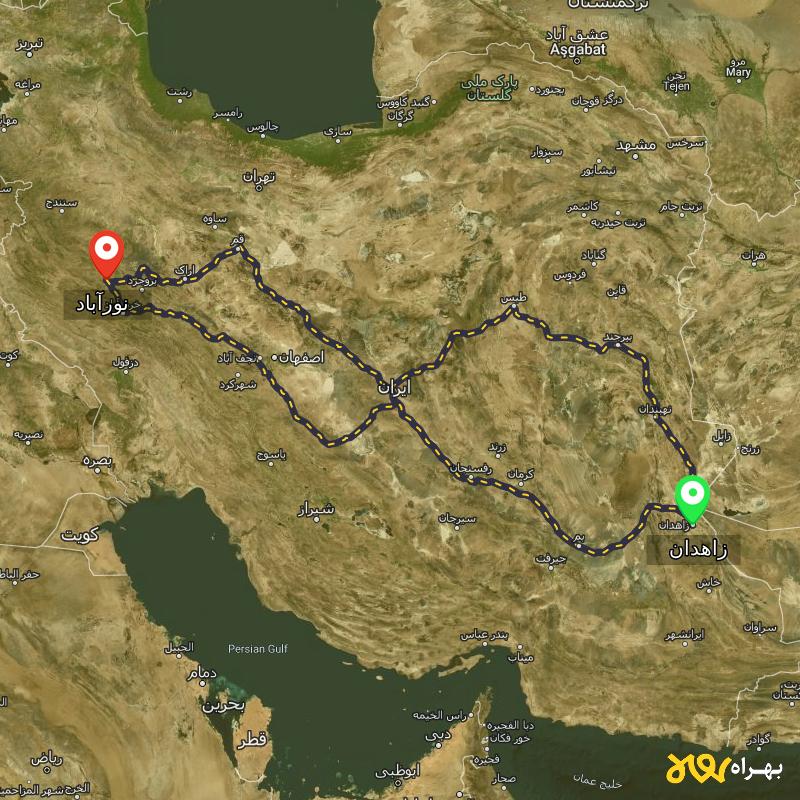 مسافت و فاصله نورآباد - لرستان تا زاهدان از ۳ مسیر - آذر ۱۴۰۳