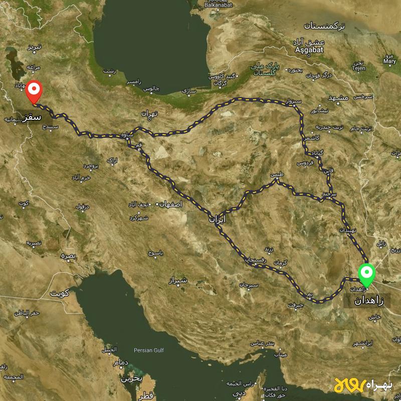 مسافت و فاصله سقز - کردستان تا زاهدان از ۳ مسیر - مرداد ۱۴۰۳