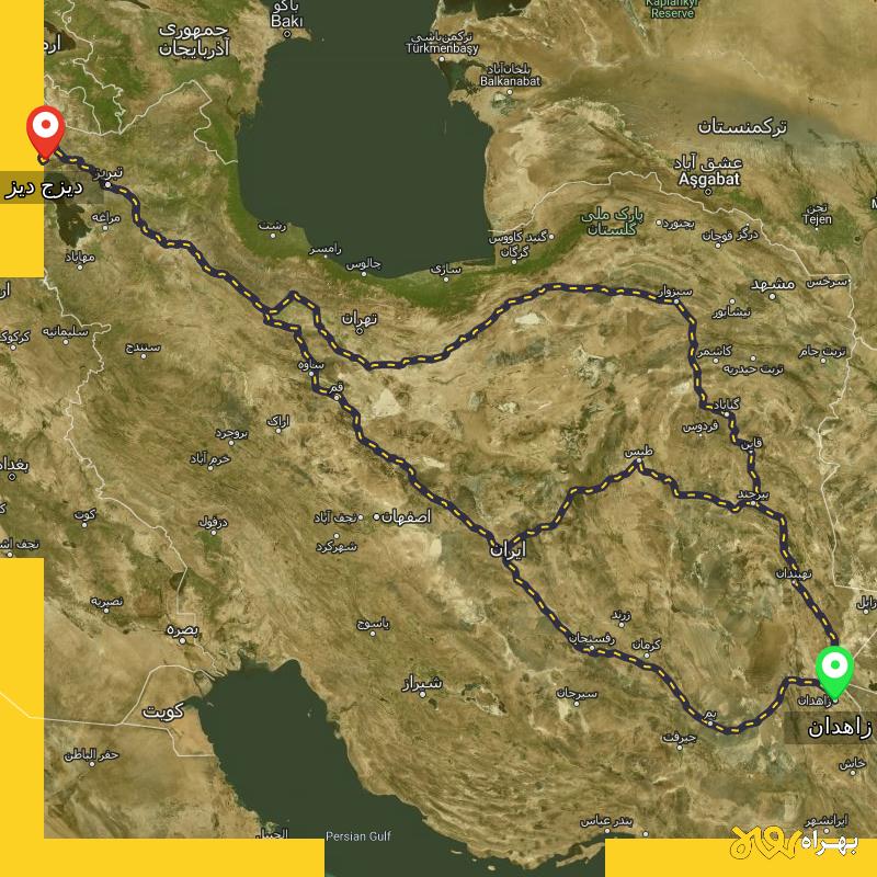 مسافت و فاصله دیزج دیز - آذربایجان غربی تا زاهدان از ۳ مسیر - مهر ۱۴۰۳
