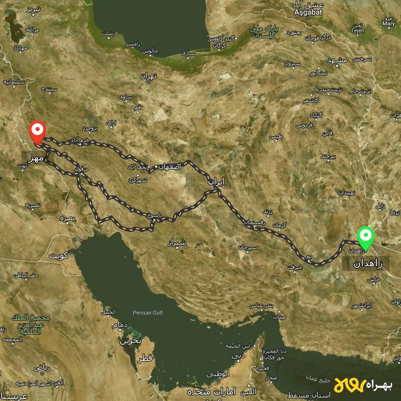 مسافت و فاصله مهر - ایلام تا زاهدان از ۳ مسیر - شهریور ۱۴۰۳