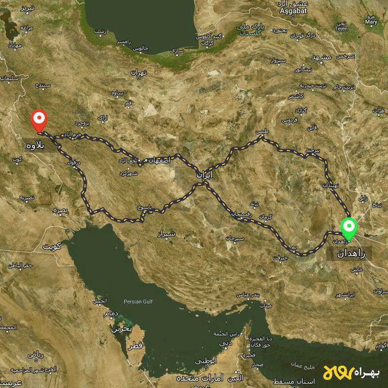 مسافت و فاصله بلاوه - ایلام تا زاهدان از ۳ مسیر - شهریور ۱۴۰۳