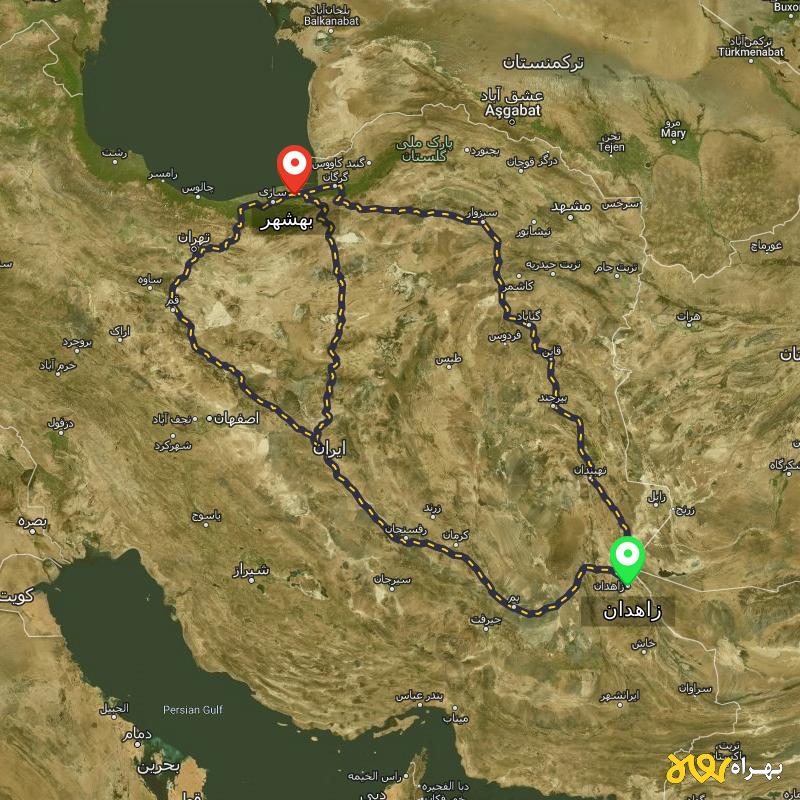 مسافت و فاصله بهشهر - مازندران تا زاهدان از ۳ مسیر - آذر ۱۴۰۳