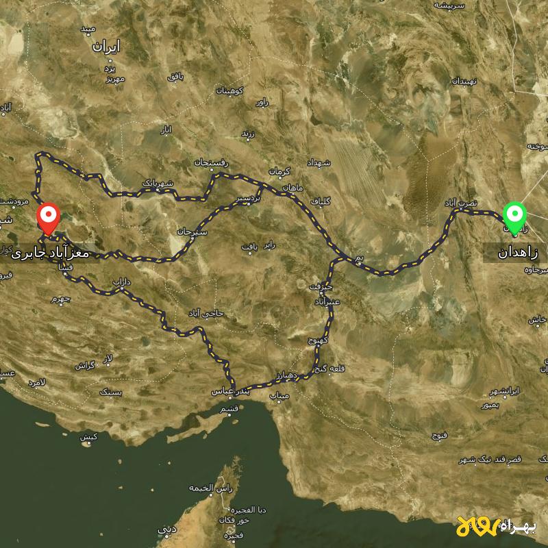 مسافت و فاصله معزآباد جابری - فارس تا زاهدان از ۳ مسیر - شهریور ۱۴۰۳