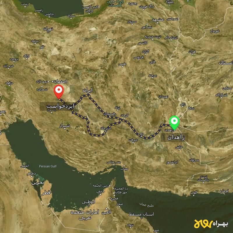 مسافت و فاصله ایزدخواست - فارس تا زاهدان از ۲ مسیر - دی ۱۴۰۳