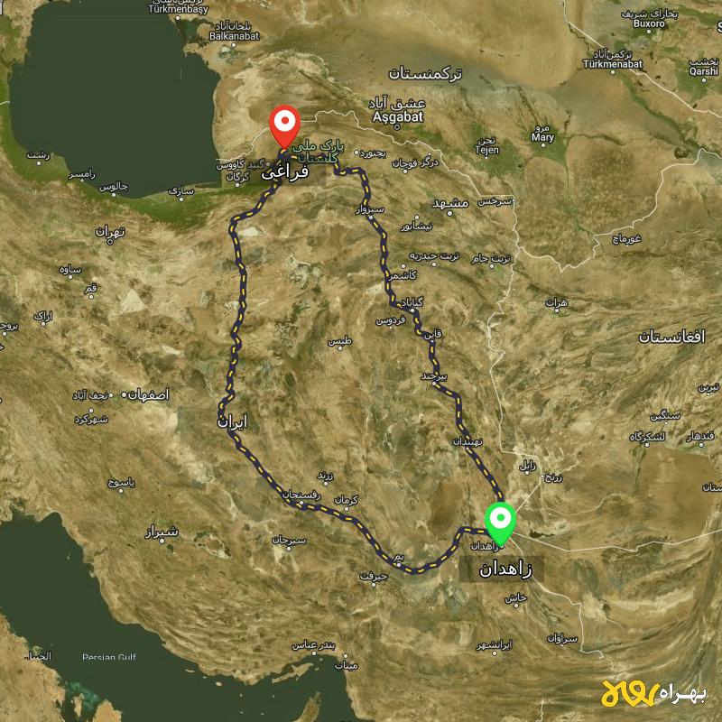مسافت و فاصله فراغی - گلستان تا زاهدان از ۲ مسیر - مهر ۱۴۰۳
