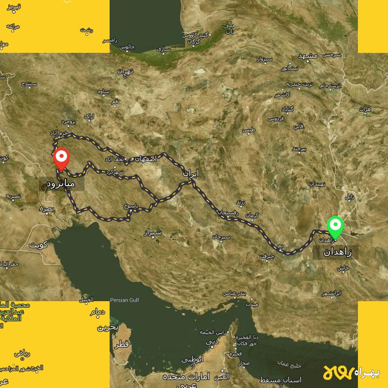مسافت و فاصله میانرود - خوزستان تا زاهدان از ۳ مسیر - شهریور ۱۴۰۳