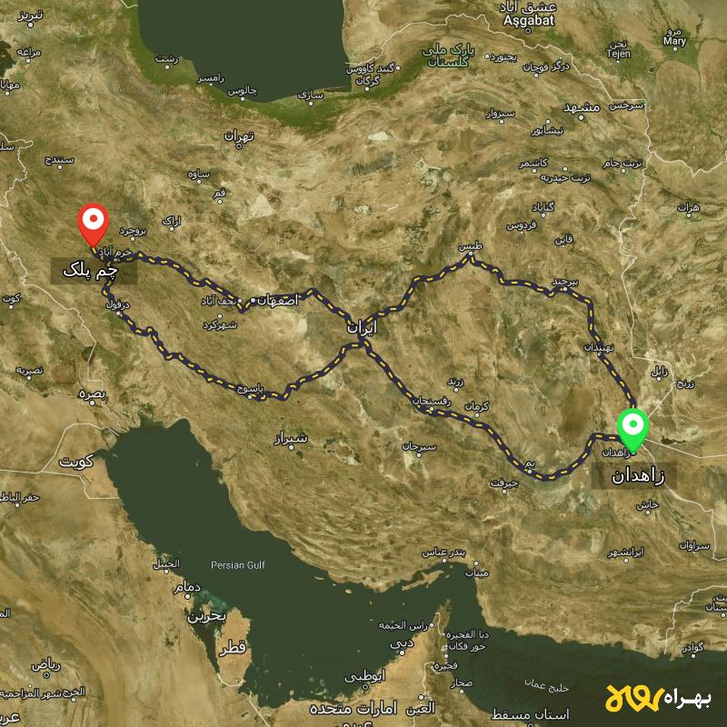 مسافت و فاصله چم پلک - لرستان تا زاهدان از ۳ مسیر - مرداد ۱۴۰۳
