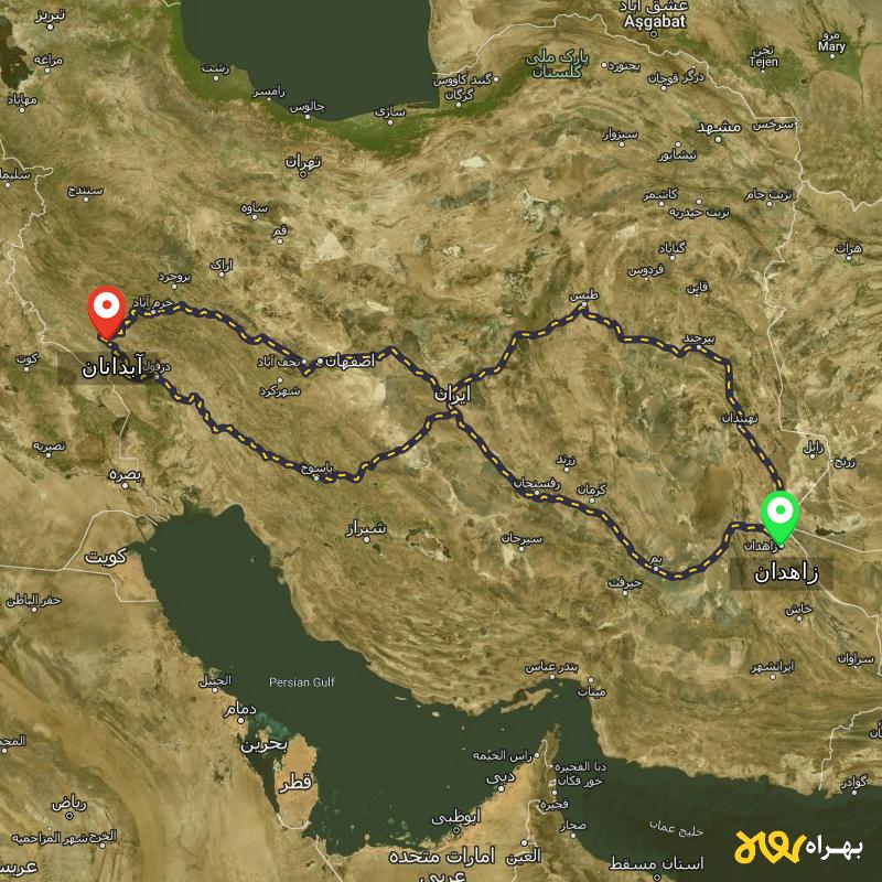 مسافت و فاصله آبدانان - ایلام تا زاهدان از ۳ مسیر - دی ۱۴۰۳
