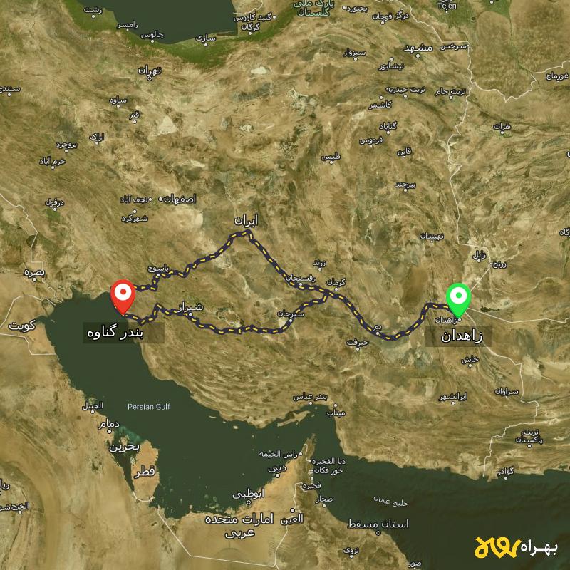 مسافت و فاصله بندر گناوه - بوشهر تا زاهدان از ۲ مسیر - اردیبهشت ۱۴۰۳