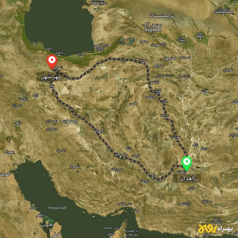 مسافت و فاصله مهرشهر - کرج تا زاهدان از ۲ مسیر - اردیبهشت ۱۴۰۳