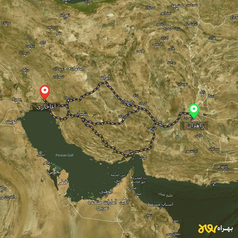 مسافت و فاصله آغاجاری - خوزستان تا زاهدان از ۳ مسیر - شهریور ۱۴۰۳