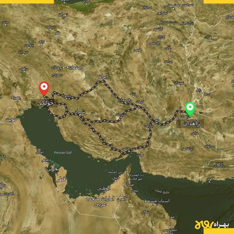 مسافت و فاصله جولکی - خوزستان تا زاهدان از ۳ مسیر - شهریور ۱۴۰۳