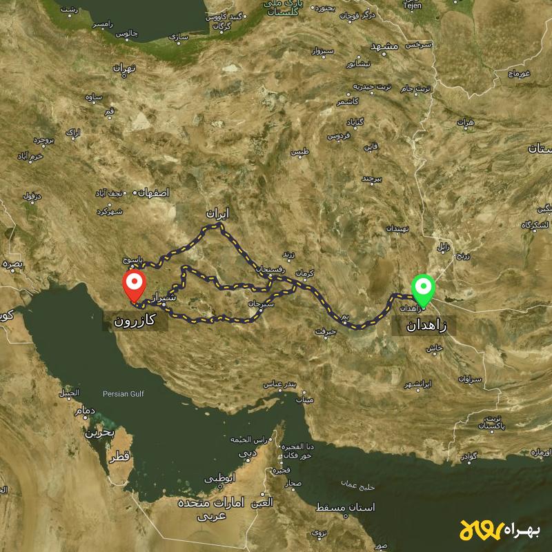 مسافت و فاصله کازرون - فارس تا زاهدان از ۳ مسیر - اردیبهشت ۱۴۰۳