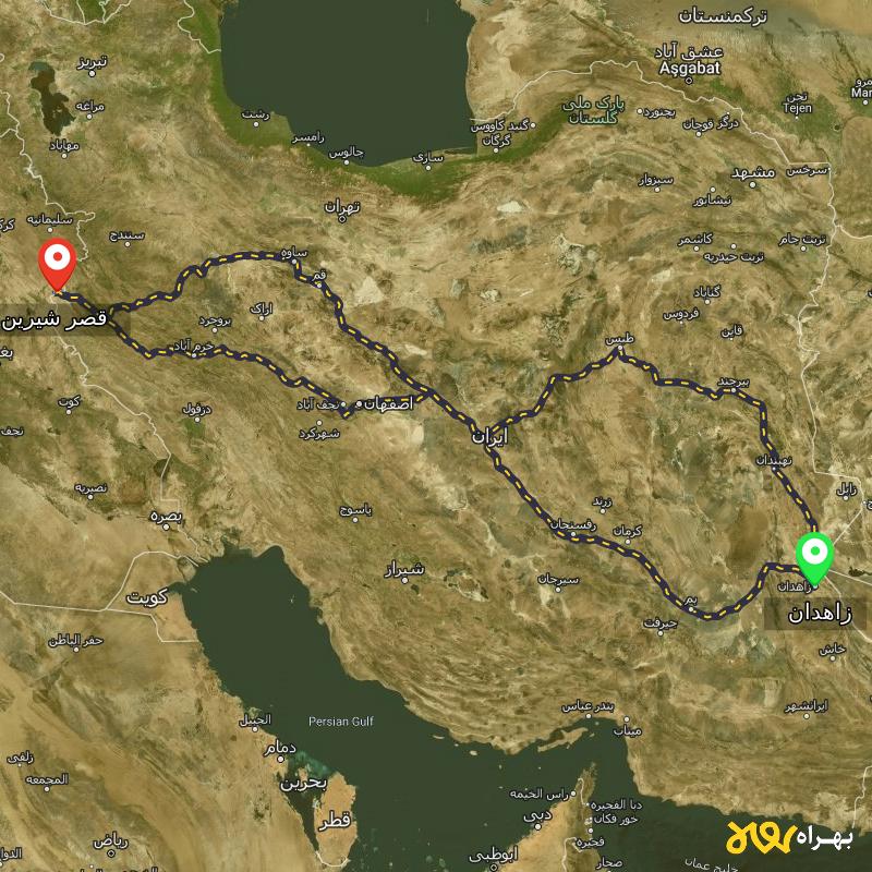 مسافت و فاصله قصر شیرین - کرمانشاه تا زاهدان از ۳ مسیر - بهمن ۱۴۰۳