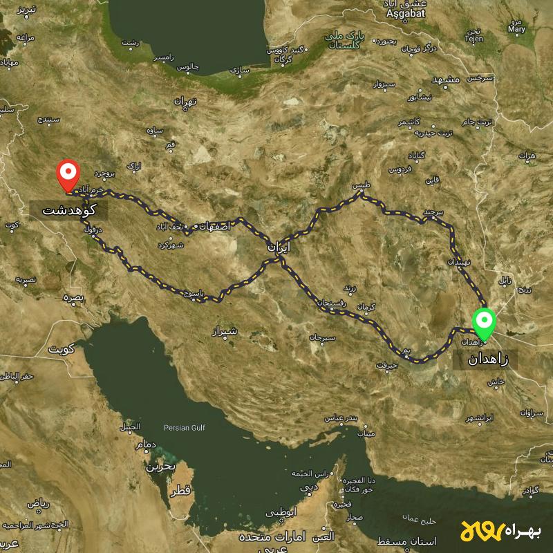 مسافت و فاصله کوهدشت - لرستان تا زاهدان از ۳ مسیر - شهریور ۱۴۰۳