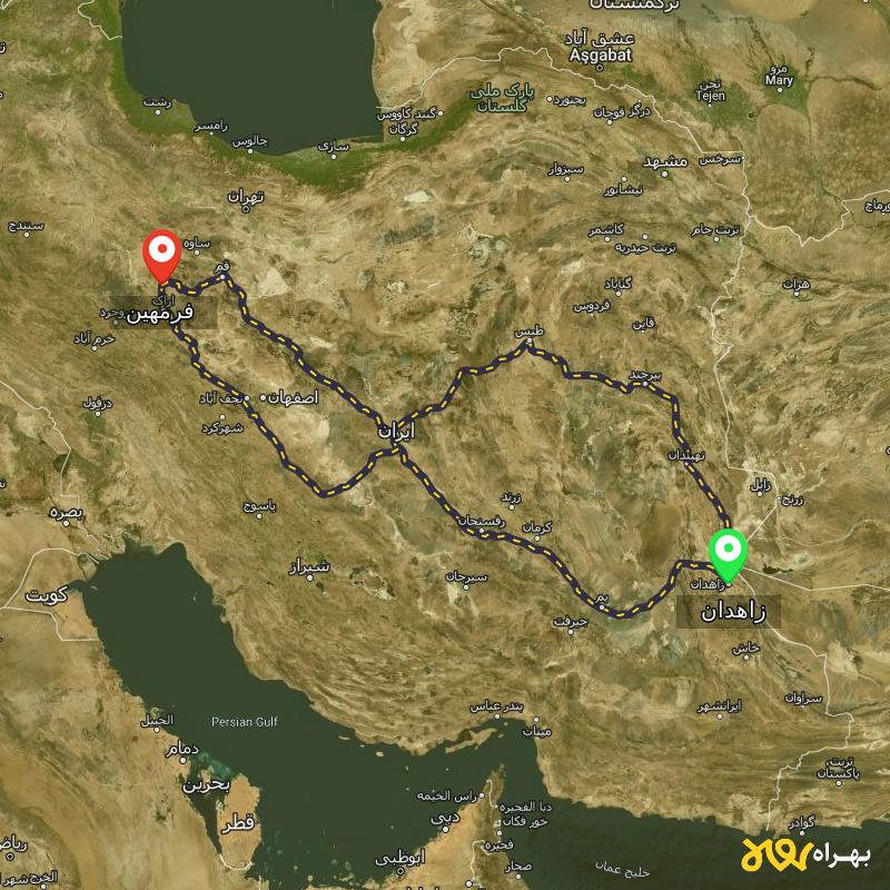 مسافت و فاصله فرمهین - مرکزی تا زاهدان از ۳ مسیر - آذر ۱۴۰۳