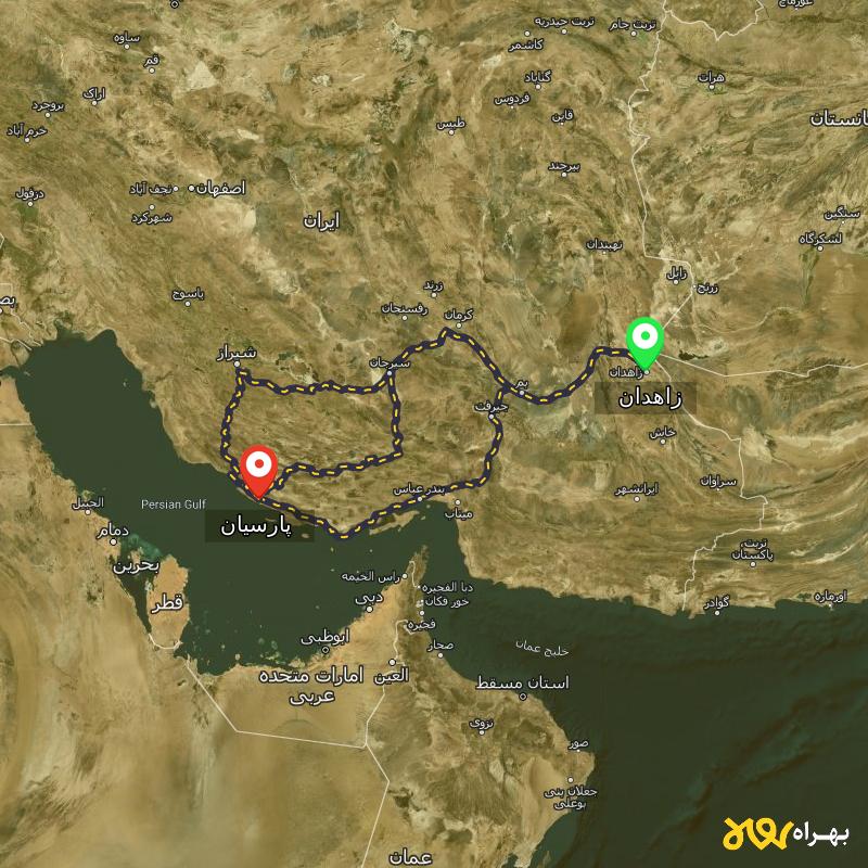 مسافت و فاصله پارسیان - هرمزگان تا زاهدان از ۳ مسیر - اردیبهشت ۱۴۰۳