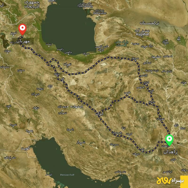 مسافت و فاصله مهربان - آذربایجان شرقی تا زاهدان از ۳ مسیر - مرداد ۱۴۰۳