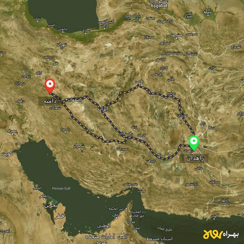 مسافت و فاصله دامنه - اصفهان تا زاهدان از ۳ مسیر - دی ۱۴۰۳