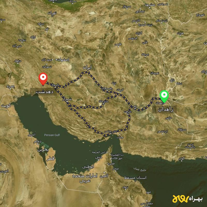 مسافت و فاصله دهدشت - کهگیلویه و بویر احمد تا زاهدان از ۳ مسیر - مرداد ۱۴۰۳