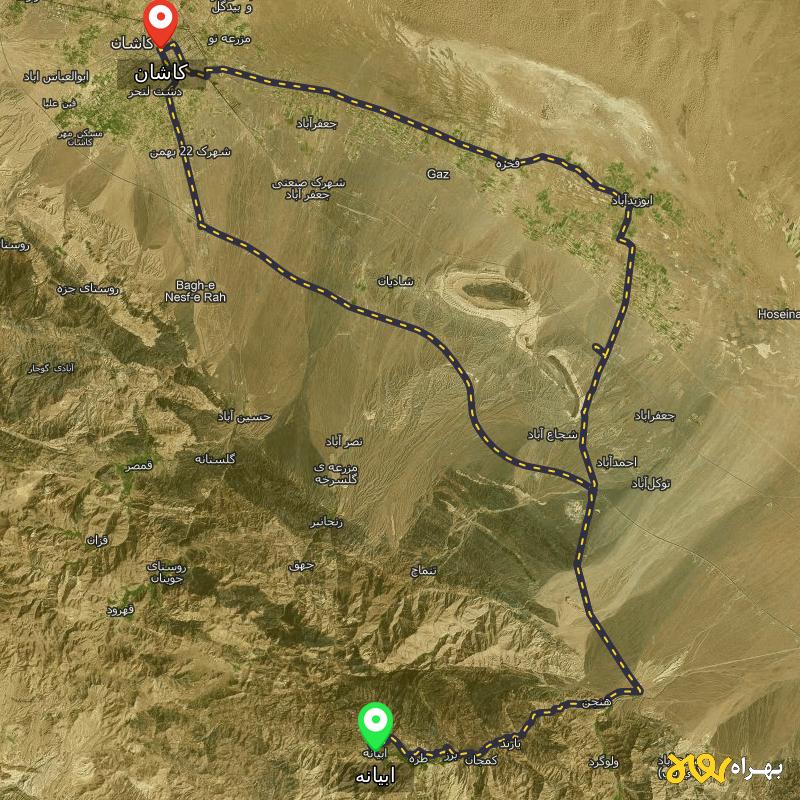 مسافت و فاصله کاشان تا ابیانه - اصفهان از ۲ مسیر - مهر ۱۴۰۳